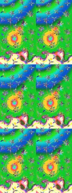 Renkli Bahar Teması eskiz kalıbı. Çiçek desenli eskiz. Yeşil ve mavi renkte çiçekler. Düz Çiçek Elementleri Tasarım Raster illüstrasyonu.