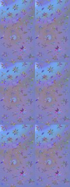 Küçük renkli çiçekler. Moda baskıları için zarif bir şablon. Menekşe ve mavi çiçekli bahar çiçekleri. Motley illüstrasyonu. Küçük çiçekte şirin desenler.