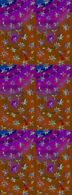 Asya tekstil tarzında. Çiçek desenli çizim. Raster illüstrasyonu. Kahverengi ve mor renkli çiçekler. Raster illüstrasyonu.