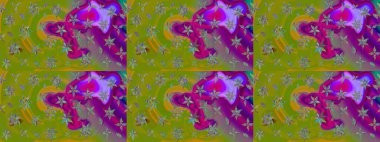 Parlak çiçekli yeşil ve mor renkler üzerine soyut çizim deseni. Çiçeksel elementlerle süslenmiş zarif raster dokusu. Küçük çiçekte şirin bir çiçek deseni var..