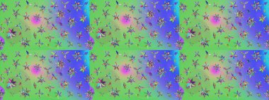 Halk tarzı. Moda baskıları için zarif bir şablon. Parlak renkli çiçekleri ve yeşil ve mavi renkli yaprakları olan harika bir çiçek deseni. Modern çiçek arkaplanı.