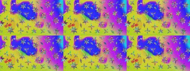 Raster illüstrasyonu. Suluboya tarzında mor ve sarı renklerde. Küçük çiçekli bahar deseni çiz.