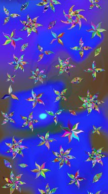 Mavi ve mor renkli çiçekler. Raster düz çiçek çizim deseni. Tasarım hediye paketi, tebrik kartları, posterler ve afiş tasarımı.