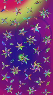 Kumaş, tekstil, duvar kağıdı baskısı için. Eski usul. Eskiz geçmişi. Renkli desenli eskiz deseni, mor ve mor çiçekler ve dekoratif elementler. Raster illüstrasyonu.