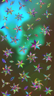 Yeşil ve mavi renkte çiçekler. Kumaş desenli papatya çiçekleri ayrıntıları.