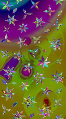 Çiçeksel fantezi tasarımı ve parlak bir arka plan çizimi. Düz Çiçek Elementleri Tasarımı. Renkli Bahar Teması çizim şablonu.