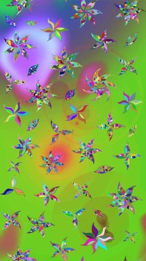 Raster illüstrasyonundaki çiçek desenli çizim. Yeşil ve mor renkte çiçekler.