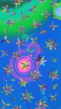 Mavi ve yeşil renkli çiçekler. Çiçekli karalama şeklinde Raster çiçek deseni. Yumuşak, bahar çiçekli arka plan.