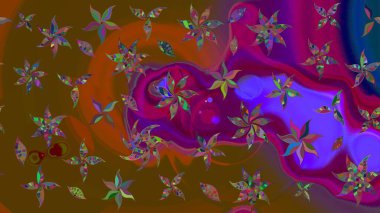Raster illüstrasyonu. Kahverengi ve mor renklerde. 3D çiçekler, çizim.