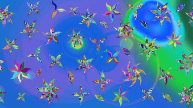 Raster illüstrasyonu. Raster illüstrasyonu. Mavi ve mor renkli çiçekler. Asya tekstil tarzında. Çiçek desenini çiz.