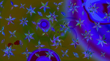 Raster illüstrasyonu. Raster illüstrasyonu. Asya tekstil tarzında. Çiçek desenli çizim. Yeşil ve mavi renkte çiçekler.