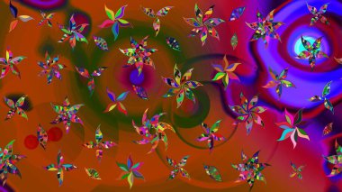 Kahverengi ve kırmızı kıvırcık çiçekler kahverengi ve kırmızı renklerde şekillenir. Raster illüstrasyonu. Klasik çiçek tasarım elementleri.