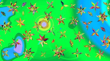 Şirin çiçekli eskiz deseni ve yeşil ve mavi renkli yapraklar, suluboya çiçek deseni, duvar kağıdı, kart ya da kumaş için fayanslı. Raster illüstrasyonu.