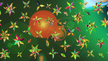 Renkli Bahar Teması eskiz kalıbı. Düz Çiçek Elementleri Tasarımı. Yeşil ve turuncu renkli çiçekler. Çiçek desenli eskiz, yaz çiçekleri..