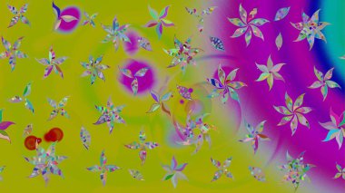 Yeşil ve mor renkli bitkilerden oluşan parlak çiçekli çizim deseni.