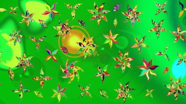 Çok yeşil ve sarı zarif küçük çiçekler ve yeşil ve sarı renkli komik böcekler, raster deseni, illüstrasyon.