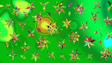 Çok yeşil ve sarı zarif küçük çiçekler ve yeşil ve sarı renkli komik böcekler, raster deseni, illüstrasyon.