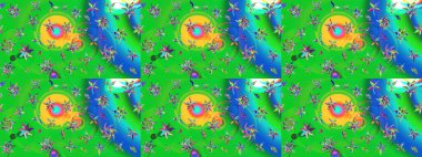 Arkaplan dokusu, duvar kağıdı, yeşil ve mavi renkli çiçek teması. Soyut etnik raster çizim kalıbı. Kabile sanatı boho baskısı, klasik çiçek arkaplanı.