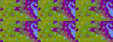 Raster illüstrasyonu. Çiçekli karalama şeklinde Raster çiçek deseni. Yumuşak, bahar çiçekleri yeşil ve mor renklerde.