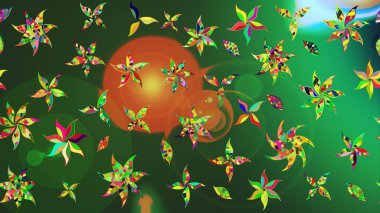 Renkli Bahar Teması eskiz kalıbı. Düz Çiçek Elementleri Tasarımı. Yeşil ve turuncu renkli çiçekler. Çiçek desenli eskiz, yaz çiçekleri..