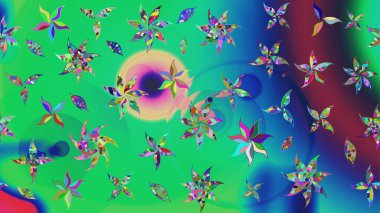 Çok yeşil ve mavi zarif küçük çiçekler ve yeşil ve mavi renkli komik böcekler, raster desen, illüstrasyon.