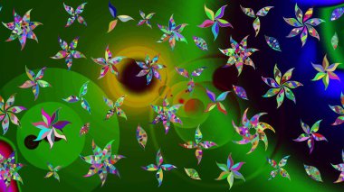 Raster hisseleri. Eskiz arkaplan modeli. Yeşil ve siyah üzerine çiçekler. Suluboya, elle çizilmiş.