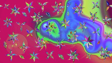 Çiçek ve yapraklı karalama şeklinde Raster çiçek deseni. Raster illüstrasyonu. Mor ve mavi renklerde bahar çiçekleri..