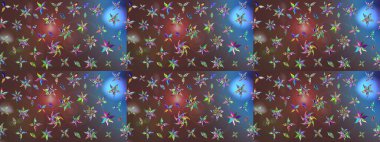 Çiçek desenli çizim. Raster illüstrasyonu. Asya tekstil tarzında. Raster illüstrasyonu. Kahverengi ve mavi renkte çiçekler.