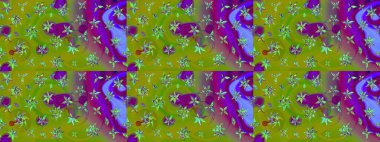 Raster illüstrasyonu. Çiçekli karalama şeklinde Raster çiçek deseni. Yumuşak, bahar çiçekleri yeşil ve mor renklerde.