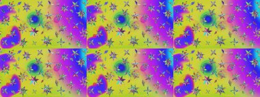 Raster düz çiçek çizim deseni. Hediye ambalaj kağıdı, tebrik kartları, posterler ve pankart tasarımı. Mor ve sarı renkte çiçekler.