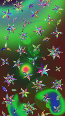 Yeşil ve kahverengi renkli çiçekler. Raster düz çiçek çizim deseni. Tasarım hediye paketi, tebrik kartları, posterler ve afiş tasarımı.