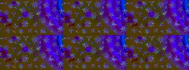 Raster deseni. Yumuşak, bahar çiçekleri kahverengi ve mor renklerde. Raster illüstrasyonu. Patlayan çiçekler soyut yerleştirilmiş.