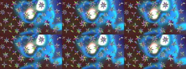 Raster - stok. Yapraklı çiçekler ve mavi ve kahverengi renkli papatya çiçekleri. Taslak arkaplan deseni.