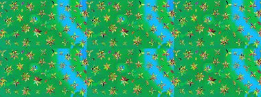 Yeşil ve mavi renkte çiçekler. Raster illüstrasyonunda çiçek deseni çizimi.