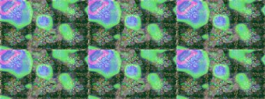 Raster illüstrasyonu. Yeşil ve mavi renklere karalamalar çizen kusursuz çiçek deseni.