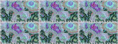 Raster illüstrasyonu. Yumuşak, bahar çiçekleri mavi ve nötr renklerde. Yaprak ve çiçeklerin suluboya resmi, mavi ve nötr renklerde kusursuz desen.