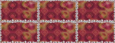 Kusursuz bir arka plan modeli. Raster - stok. Yapraklı çiçekler ve kırmızı ve kahverengi renkli papatya çiçekleri..