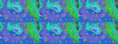 Mavi ve yeşil renkli çiçekler. Kumaş desenli papatya çiçekleri ayrıntıları.