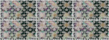 Kumaş, tekstil, duvar kağıdı baskısı için. Renkli desenli, gri ve nötr çiçekli ve dekoratif elementli kusursuz desen. Eski usul. Raster illüstrasyonu. Kusursuz arkaplan.