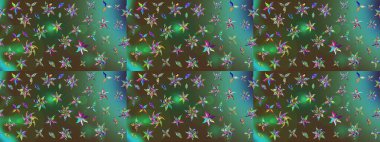 Yeşil ve kahverengi renkli Asya tekstili. Çiçek desenli çizim. Raster illüstrasyonu.