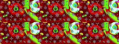 Kırmızı ve yeşil renkte manzaralı çiçek deseni. Üst manzara, yumuşak stil. Sevgililer günü ve tebrik kartı konsepti için şık bir davetiye. Çiçek kompozisyonu, el boyası, hassas şablon..