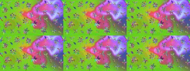 Yeşil ve mor renkli Asya tekstili. Suluboya çiçekli çiçek deseni. Raster illüstrasyonu.