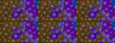 Kahverengi ve menekşe rengi, zarif küçük çiçekler ve kahverengi ve mor renkli komik böcekler, raster desen, illüstrasyon.