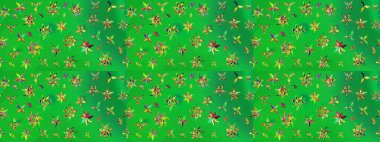 Renkli Bahar Teması eskiz kalıbı. Yeşil ve sarı renkli çiçekler. Düz Çiçek Elementleri Tasarımı. Sevimli çiçek raster deseni.