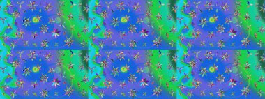 Dallı bahar çiçekleri ile desen, mavi ve yeşil renkler ile çiçek silueti. Raster deseni.