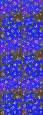 Raster düz çiçek çizim deseni. Hediye ambalaj kağıdı, tebrik kartları, posterler ve pankart tasarımı. Mavi ve mor renkte çiçekler.