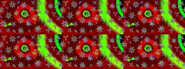 Çiçek deseni. Şatafatlı bahar bahçesi dokusu. Kırmızı ve yeşil renkte çiçek çizimi. Raster illüstrasyonu. Kırmızı ve yeşil renkte çiçekler.