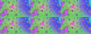 Raster illüstrasyonu. Yeşil ve mor renklerde. 3D çiçekler, çizim.