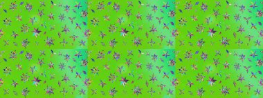 Yeşil ve mavi renkte çiçekler. Renkli Bahar Teması eskiz kalıbı. Raster illüstrasyonundaki çiçek desenli çizim. Düz Çiçek Elementleri Tasarımı.