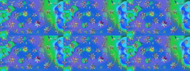 Mavi ve yeşil renkli çiçekler. Raster Illustrasyon 'daki Çiçek Deseni' nin son moda çizimi. Renkli Yaz Temalı eskiz kalıbı. Düz Çiçek Elementleri Tasarımı.